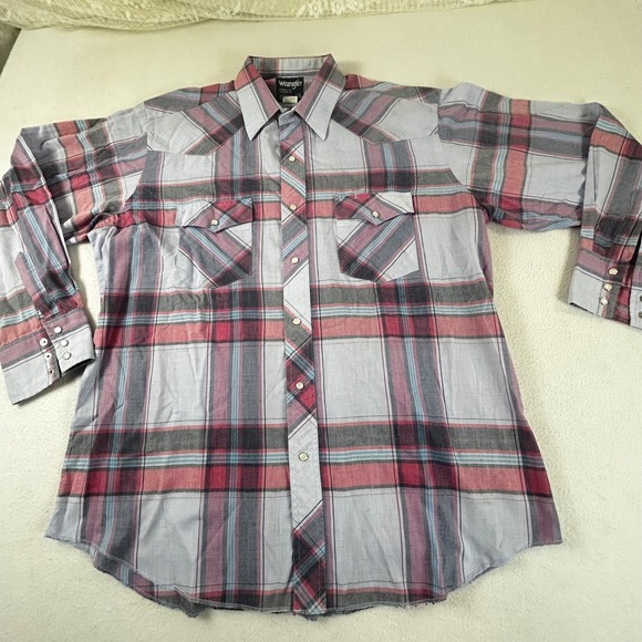 Wrangler Other - Wrangler Cowboy Cut Western Shirt Mens 17-35 Grey Pink Plaid Pearl Snap 71125AA